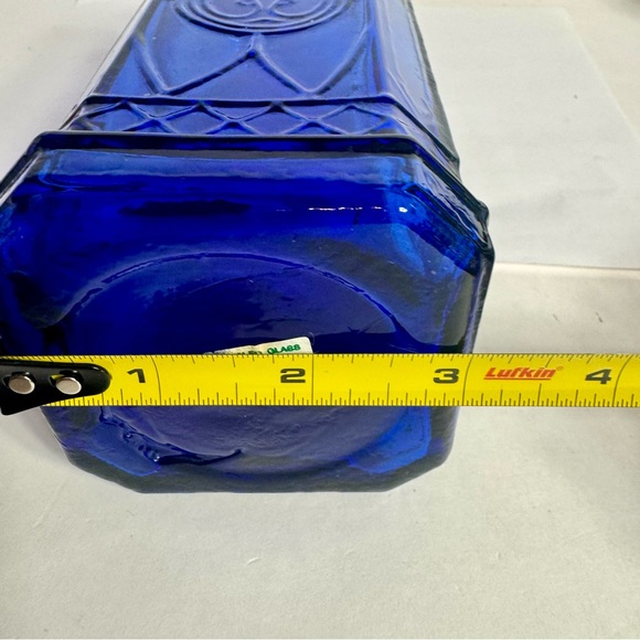 Cobalt Blue glass decorative bottle with cork. Approx. 11 3/4" Ornate Bottle - Picture 9 of 11